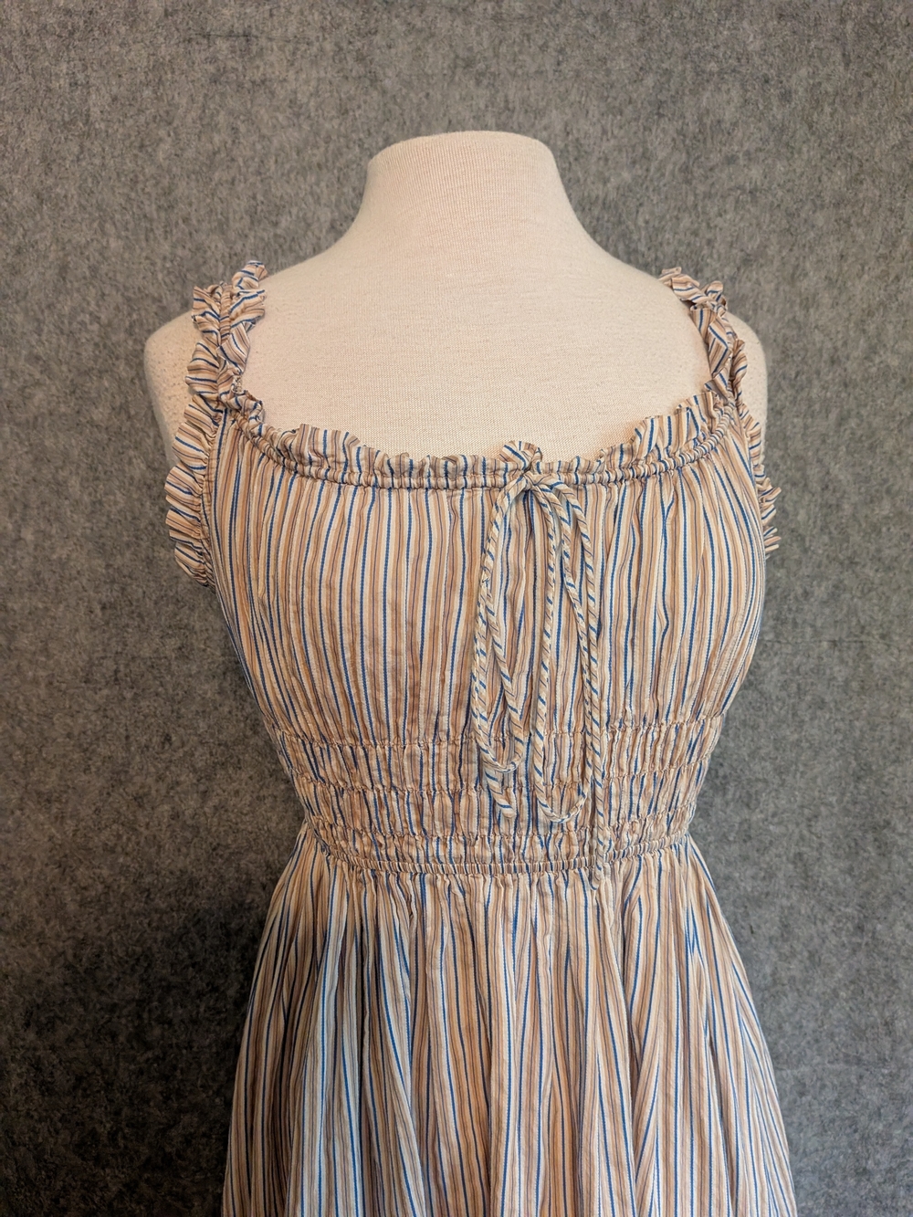 Striped Beige and Blue Smocked Sundress